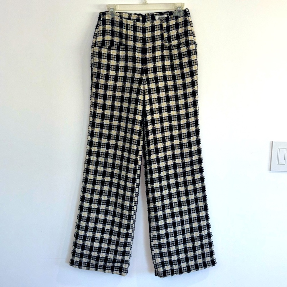 Unique Vintage Wide Leg high waist B&W checked plaid w/ metallic gold thread.